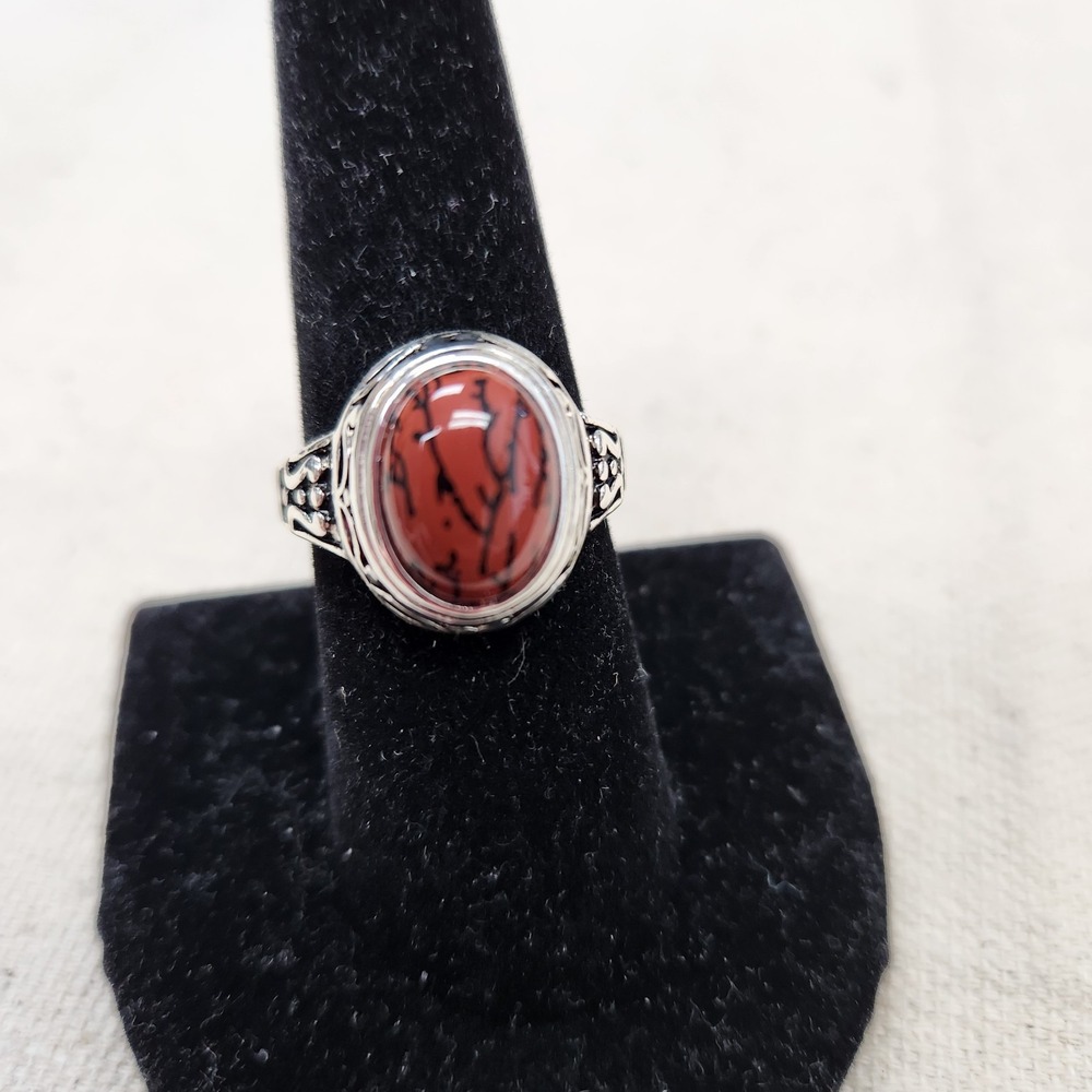 Premier Designs Ring Sz 8 Silver Plated Red Orange Black Stripe Oval Spice New